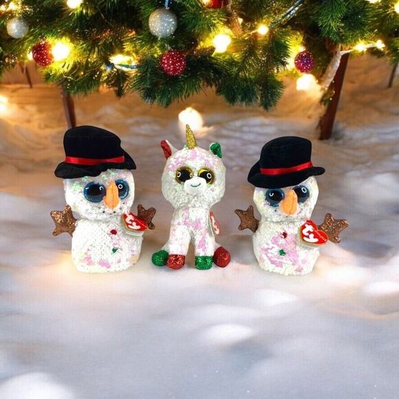 3pc Ty Flippables Christmas Holiday Snowman Unicorn Plush Toy Melty Stardust 7" - Picture 9 of 16